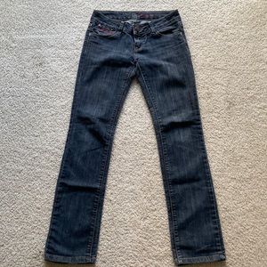 Authentic Y2K Angel Denim 3 low to mid rise dark wash jeans skinny leg straight